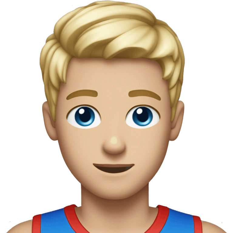 A drummer in a red basketball top, blonde highlighted hair, blue eyes and he’s 15 years old  emoji