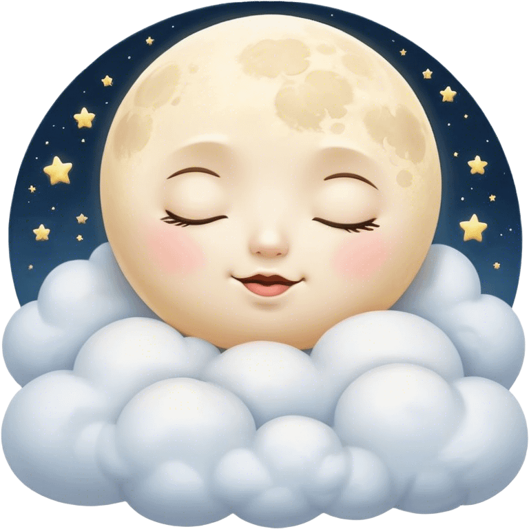 Cinematic adorable moon with a sleepy face, round and chubby, soft glowing light, tiny rosy cheeks, resting on a bed of fluffy clouds, dreamy and peaceful. emoji