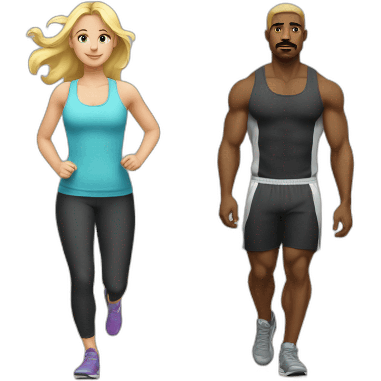 Blond girl going to the gym with a black guy with a moustache  emoji