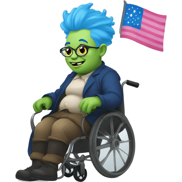 fat gay ugly goblin barista in a wheel chair. trans flag background . blue hair emoji