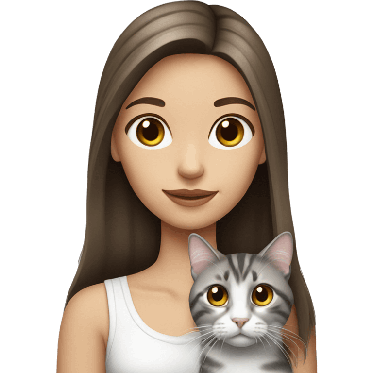 long hair brunette girl with brown eyes holding grey and white tabby cat emoji