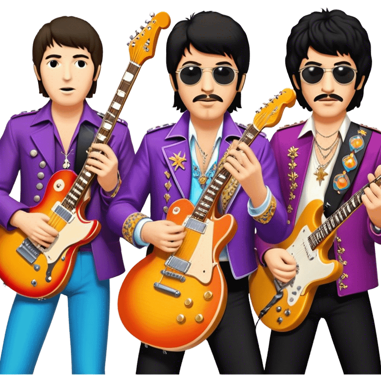 Rock music icon: collage of legendary rock stars—The Beatles, Jimi Hendrix, Elvis Presley, Queen, Nirvana, Led Zeppelin. Electric guitars, amplifiers, and microphones surrounded by vibrant stage lights and musical notes. Transparent background. emoji