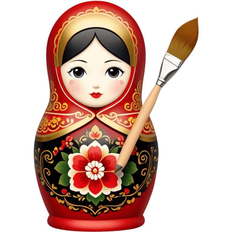 Wooden doll painting icon, traditional Russian Matryoshka doll being painted with intricate Palekh or Khokhloma designs, visible paintbrush, vibrant red, gold, and black colors, unfinished doll with detailed patterns in progress, minimalistic style, clean lines, transparent background. emoji