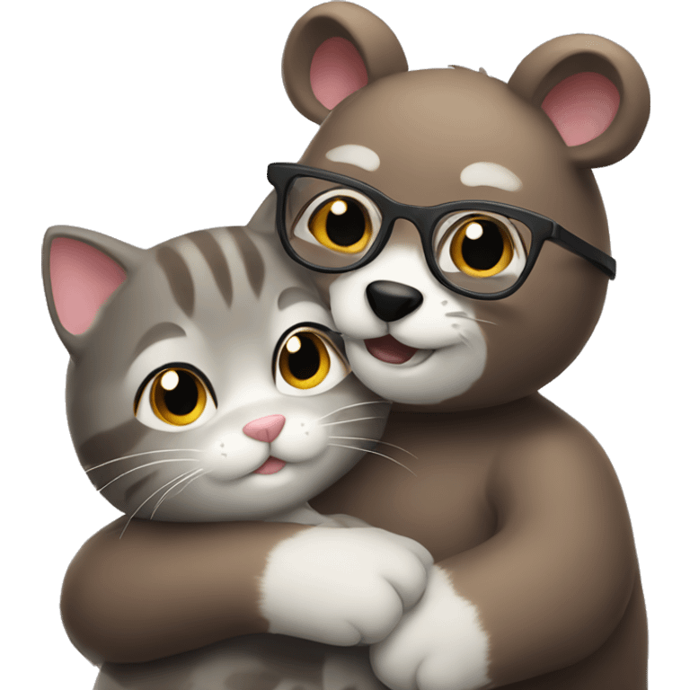 A brown bear cub in glasses hugs a gray cat emoji