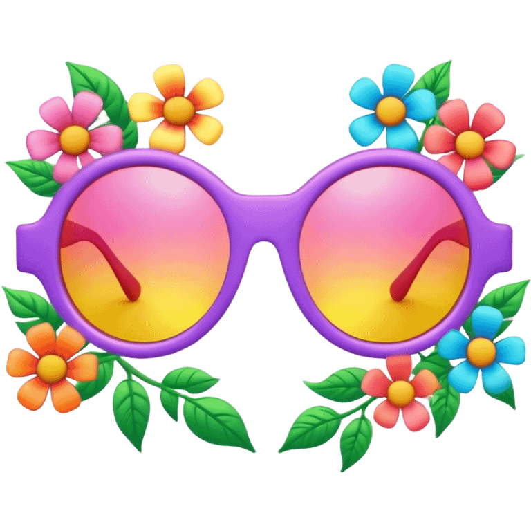 3D, psychedelic colored sunglasses with hippie style flowers emoji