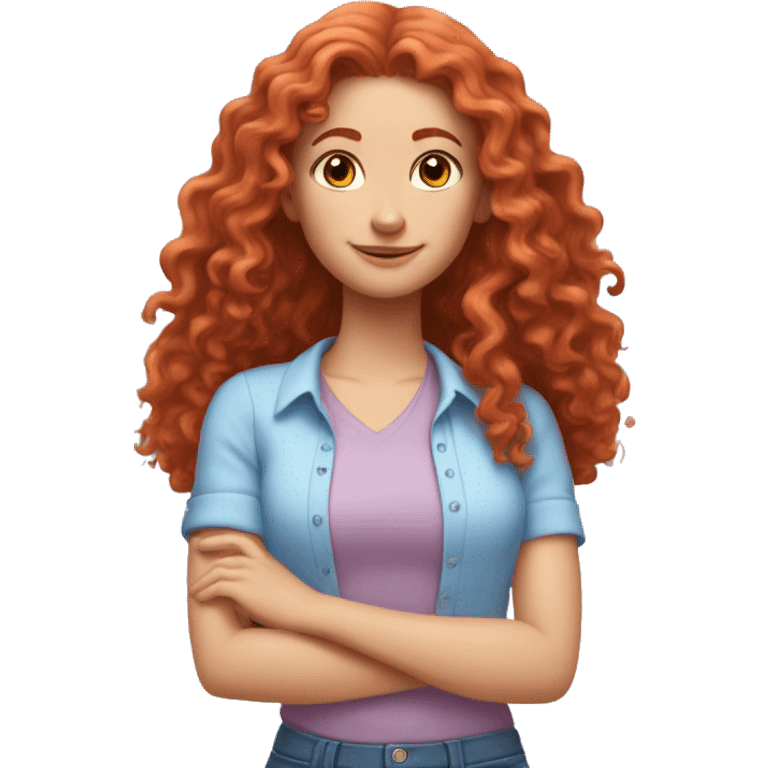 white girl with long red curly hair, wearing a pastel periwinkle shirt doing a pose emoji