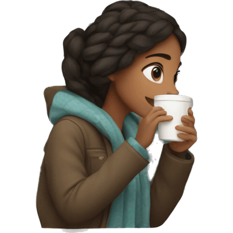 girl looks out the window in winter and drinks coffee emoji