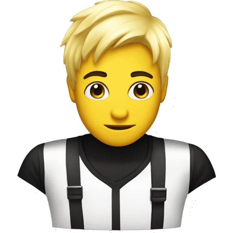 A Robber emoji with white and Black stripper Shirt and blonde hair and he s yello emoji