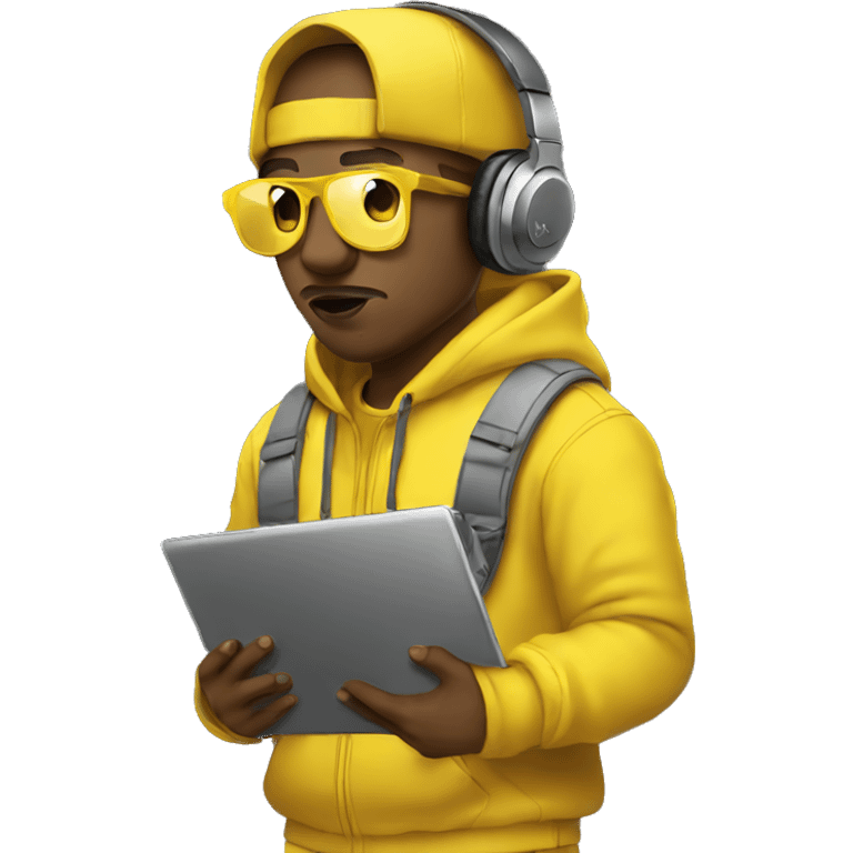 rapper wearing yellow with a mackbook emoji