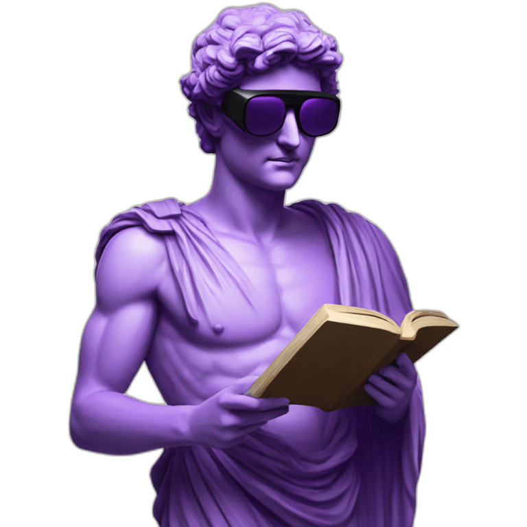 an EMOJI OF A ancient young greek statue reading a book, wearing VR glasses, purple colors, DIGITAL UNIVERSE emoji