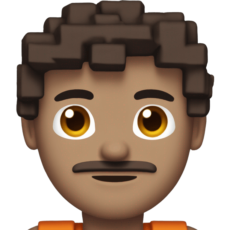 This blocky pixel art character has a large square head, dark brown hair, and a neutral expression. The body features a burgundy outfit with an orange-red pattern and blue detail, with brown arms and small dark legs. emoji