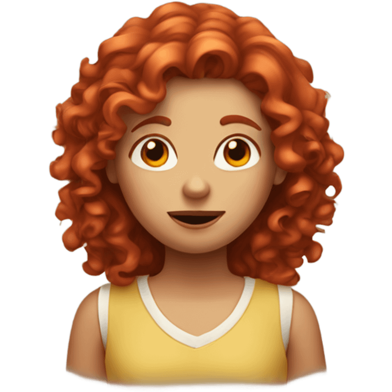 A curly red headed girl with a middle part shrugging emoji