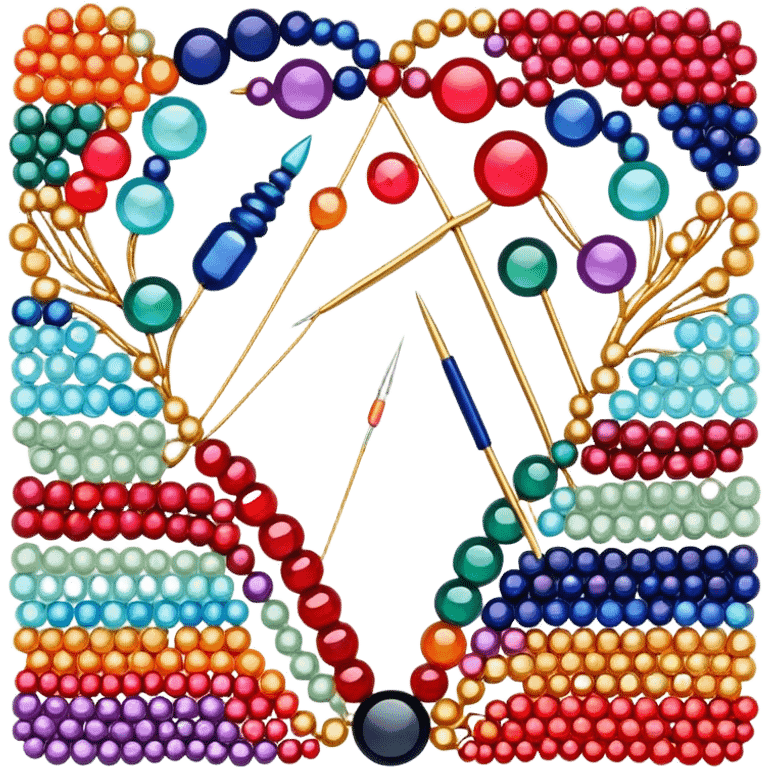 Create a harmonious and well-composed icon that represents the hobby of beadwork. The design should feature colorful beads, thread, and a beading needle or tool in a balanced arrangement. The elements should flow naturally, reflecting the creativity and precision of the craft. Ensure the composition is clean and aesthetically pleasing, with vibrant yet balanced colors. The background should be transparent. emoji