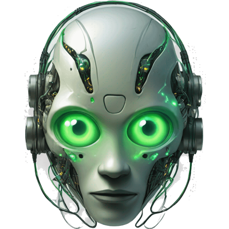 Round Alien cyborg head with glowing wires and green eyes  emoji