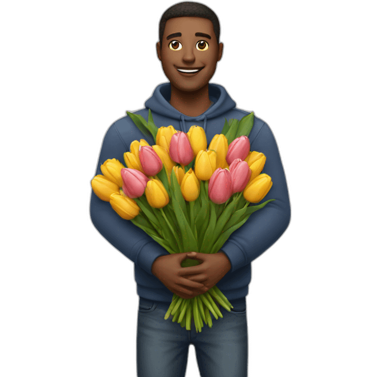 man holding a huge bouquet of tulips in his arms emoji