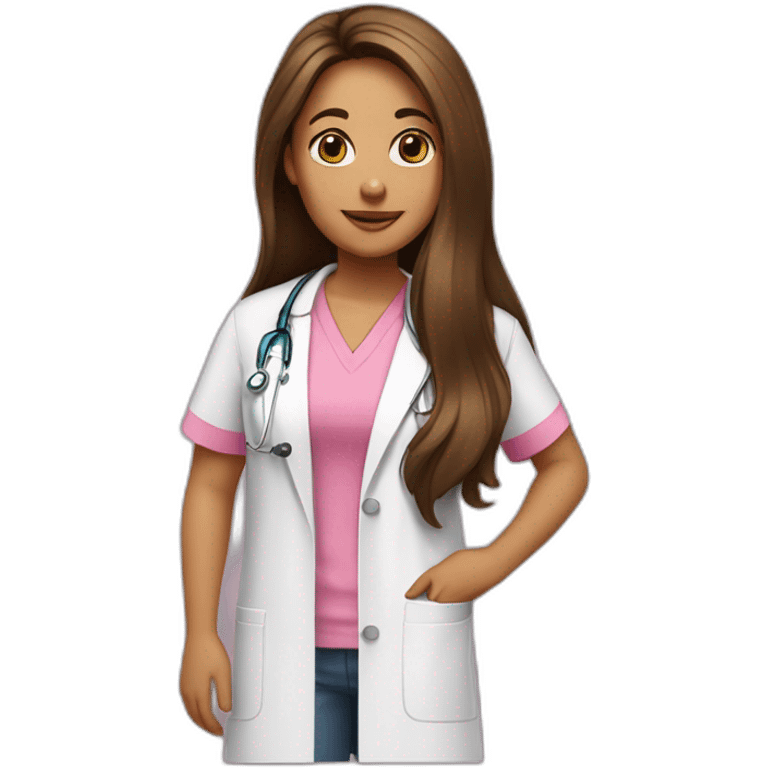 Tan girl, a speech therapist with Brown long hair, Brown eye wearing a pink t-shirt and a medical coat emoji