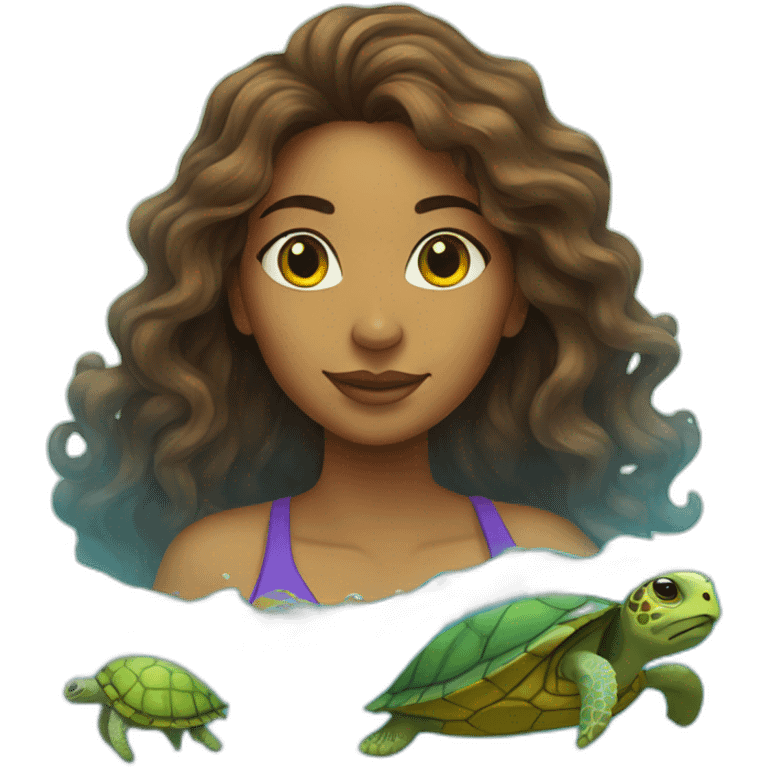 Indian woman with wavy hair swimming with a turtle emoji