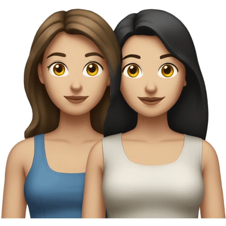 two caucassian woman with brown hair standing next to each other. One has black hair the other one has brown hair and is slightly shorter then the woman with black hair emoji