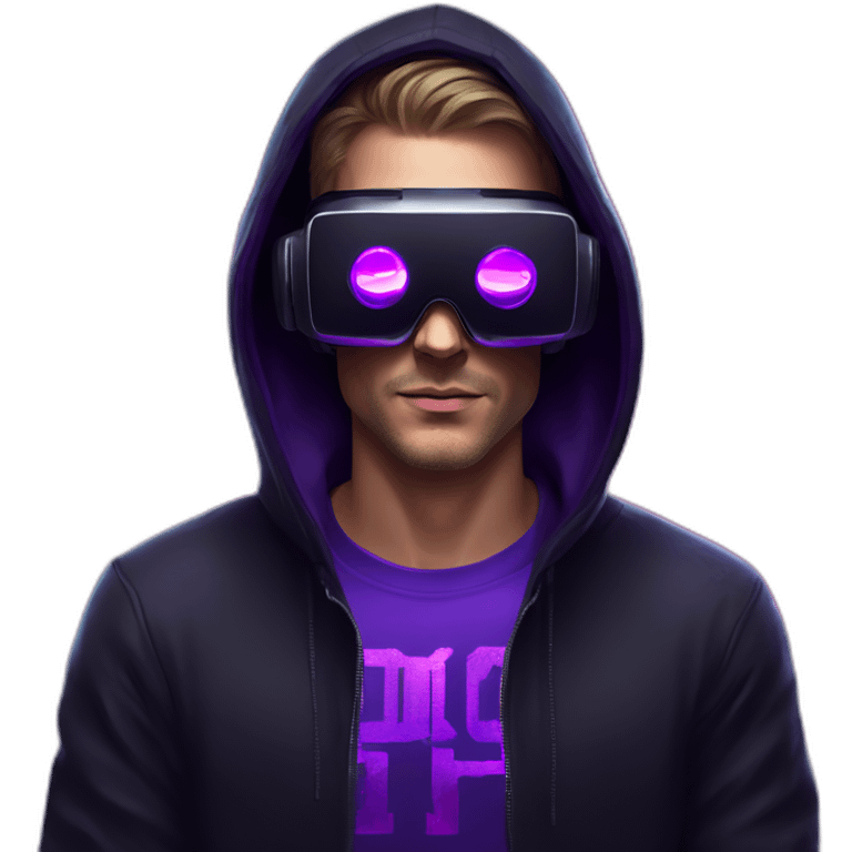 Russian man in the black hoody with violet letters "OMG VR" on it wearing vr headset. Cyberpunk style. Violet neon. emoji