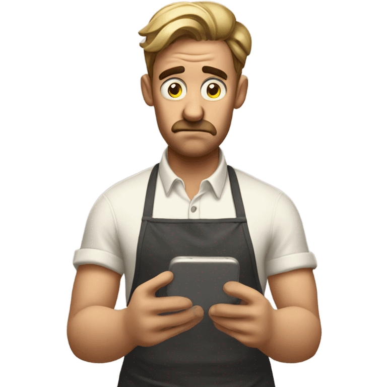 guy who is frustrated wearing an apron and scrolling through phone emoji