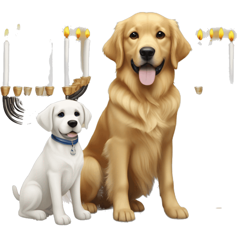 golden retriever and black and white labrador next to menorah  emoji