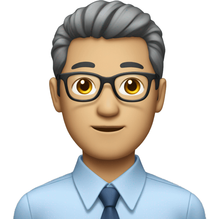 A Japanese man with a business haircut and glasses wearing a blue button up emoji