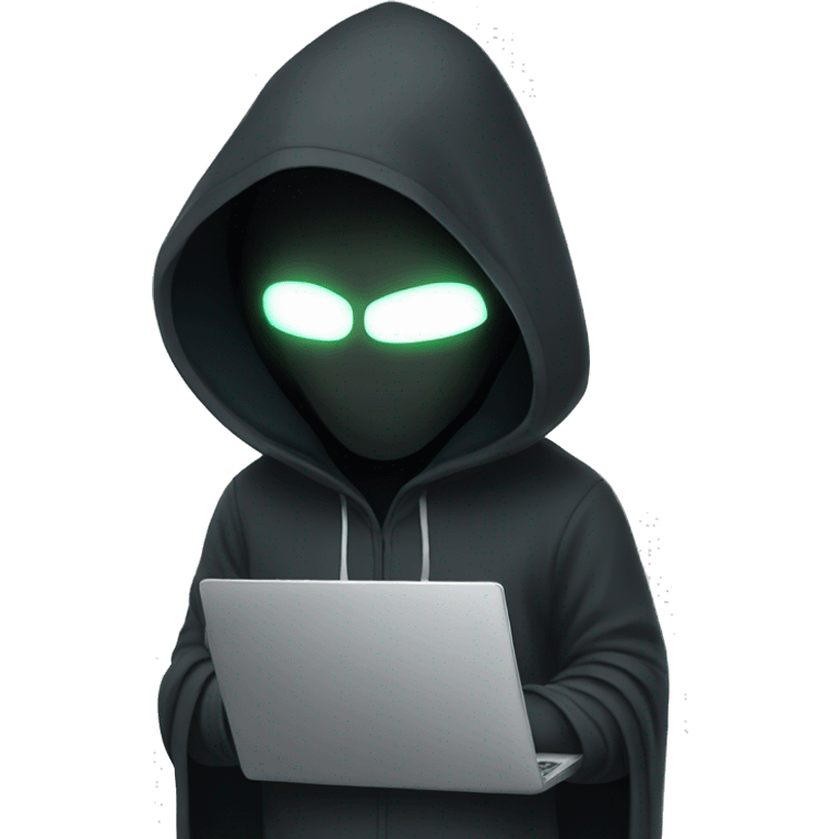 hooded man with a laptop wearing a mask with glowing white eyes emoji