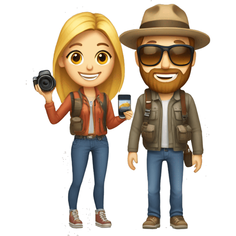 Create an emoji of couple travellers who love road trip and female has a dslr in hand. Both are young and guy has style beard emoji