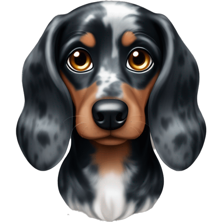 Black merle mini dachshund with one blue eye and one brown eye emoji