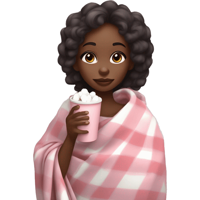 Cute black girl wrapped in pastel pink plaid blanket drinking coco with marshmallows emoji