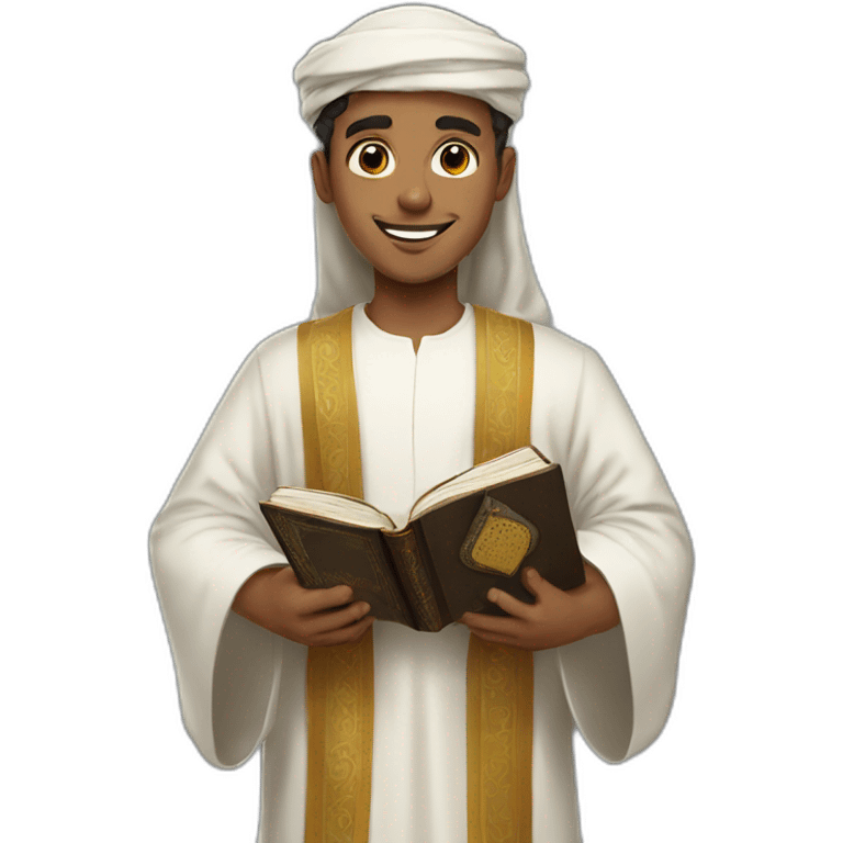 A young man wearing an Arabic robe and holding a Holy Quran emoji