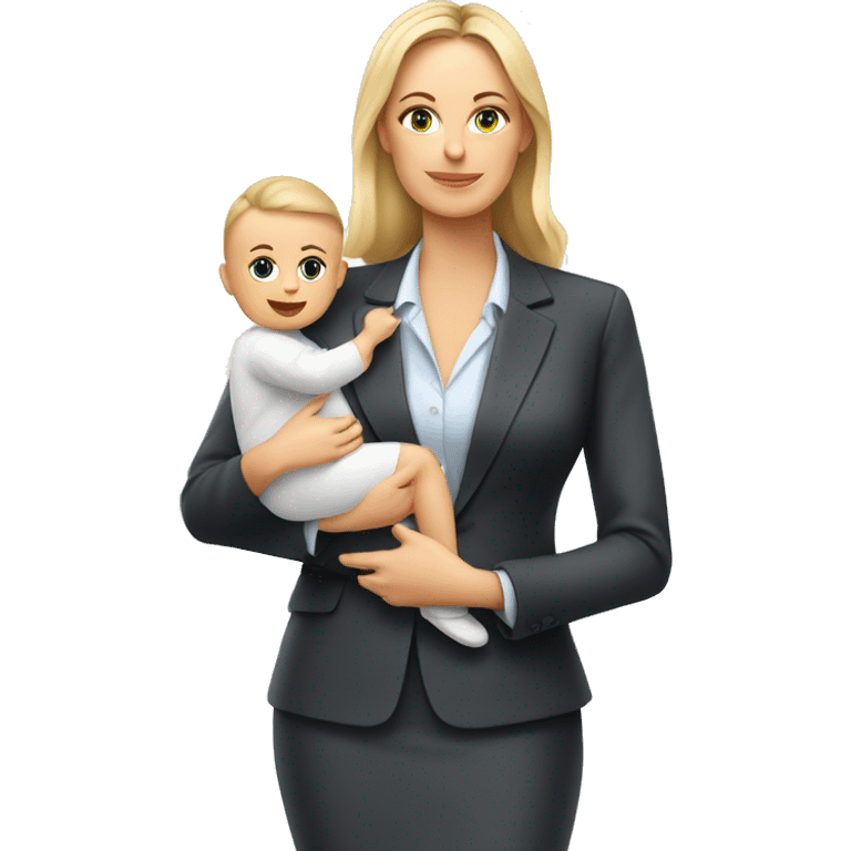 Busy european mom in businesssuit with baby emoji