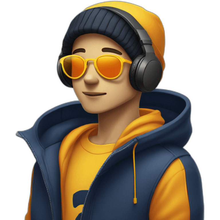 a cartoon boy with yellow skin, navy tinted sunglasses, with orange rims adn a black beanie, and a yellow hoodie and BLACK HEADPHONES!!!!!!!!!!!!!! emoji