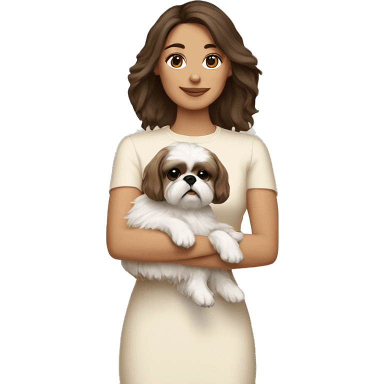 Brunette woman holding all beige shih tzu emoji