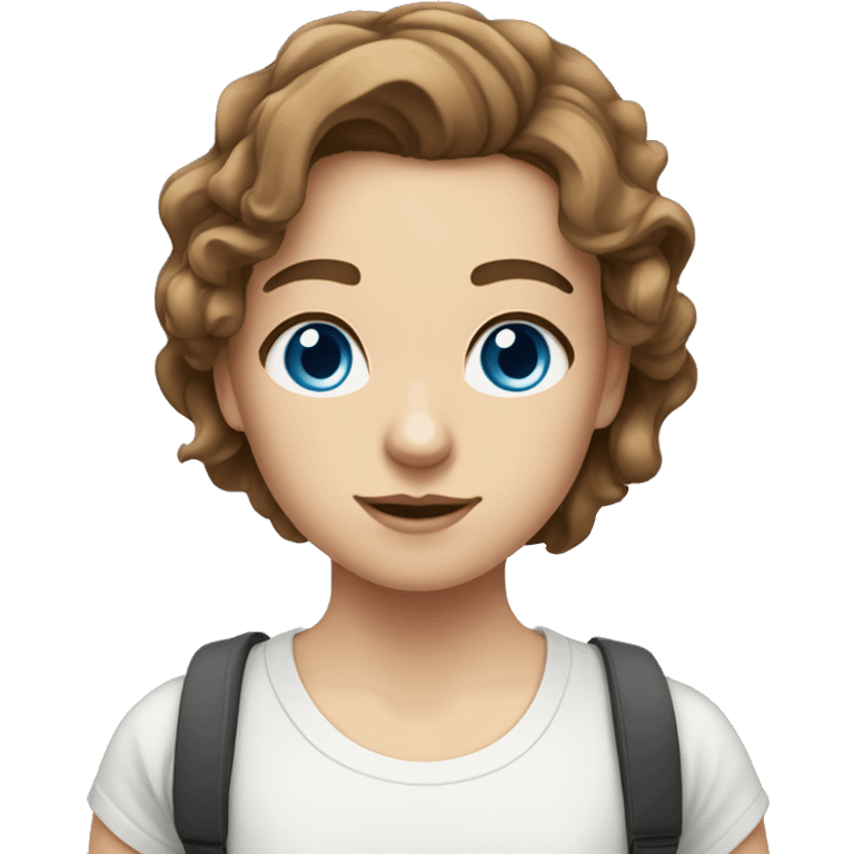 white girl, shoulder length wavy brown hair, blue eyes, white t shirt emoji