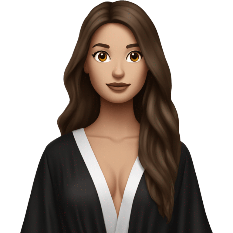 White skin victoria secret girl with brown long hair in black robe  emoji