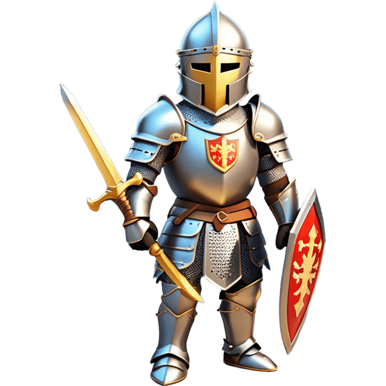 Clash of Clans aesthetic: Cinematic heroic Armored Knight Hero Emoji, rendered in a 3D vector-style similar to standard emojis with minimal shading and bold, simplified shapes. A compact, isometric warrior clad in gleaming plate armor with intricate heraldic details, softly glowing with a chivalrous medieval charm. Simplified yet unmistakably iconic, highly detailed and consistent, glowing with a soft radiant shine and high polish. Stylized with a touch of noble valor and a soft glowing outline, wearing a full face helm so that no face is visible with only eyes visible, capturing the essence of a gallant knight ready for honorable battle with a friendly, playful manner! emoji