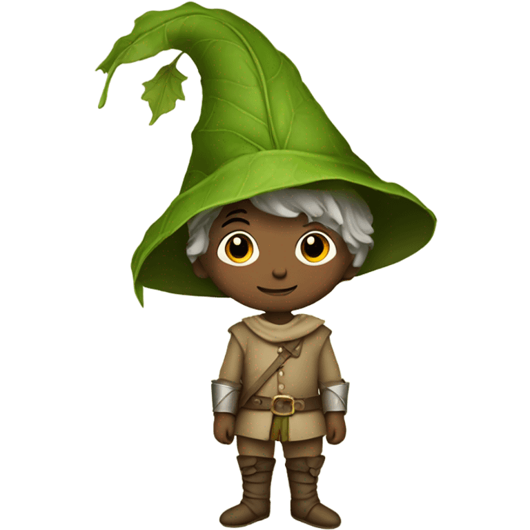 whimsical fairytale medieval boy who is tiny and wearing a leaf hat emoji