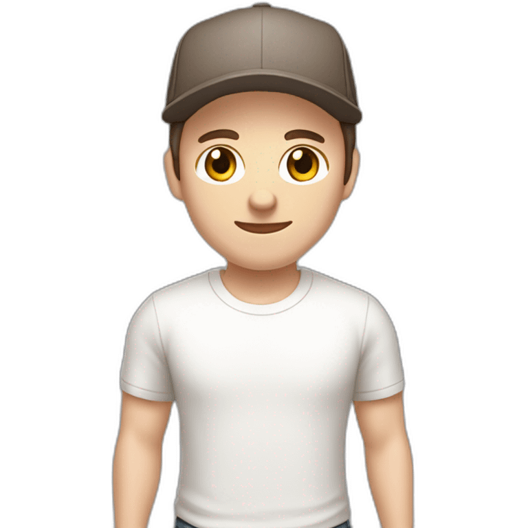 Pale skinned fit Man with dark brown hair in a light gray cap, dark brown jeans, brown polo and white T-shirt keeping a pasted with tape white box into his hands emoji