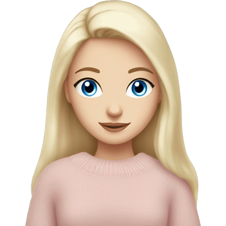 Pretty blue eyed white girl with light pink sweater reading cozy emoji