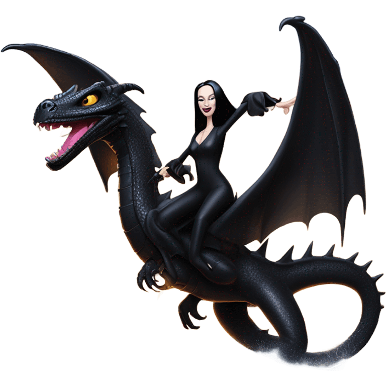  beautifully dressed teen Morticia Addams beach Barbie Jedi flying on the back of a very large black shiny evil-looking fire-spewing dragon. proper scale emoji