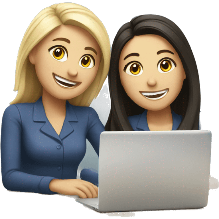 Two Caucasian girls laughing at work desk  emoji