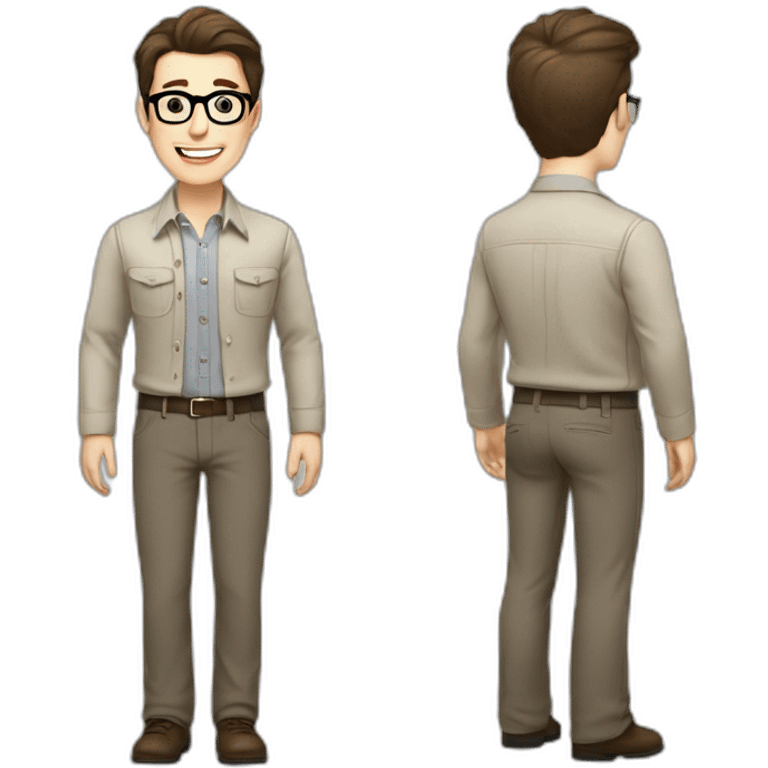 Joyful Full height Pale skinned Fit Man With dark brown hair in gray jacket, beige office shirt, Brown pants and vintage glasses. His thrumbs up emoji