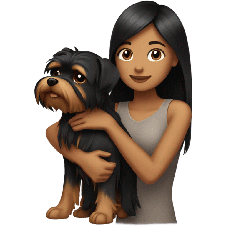 Tan girl with black straight hair hugging a Yorkie  emoji