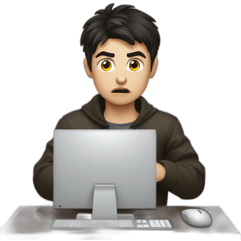 Angry dark haired russian boy with a computer emoji