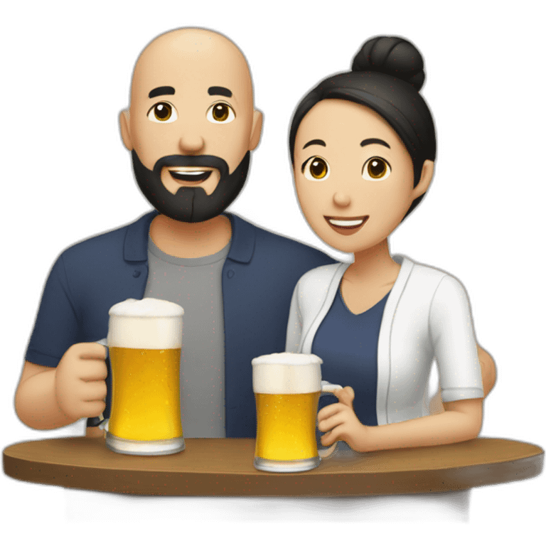 Bald bearded man drinking beer with his Asian fiance emoji