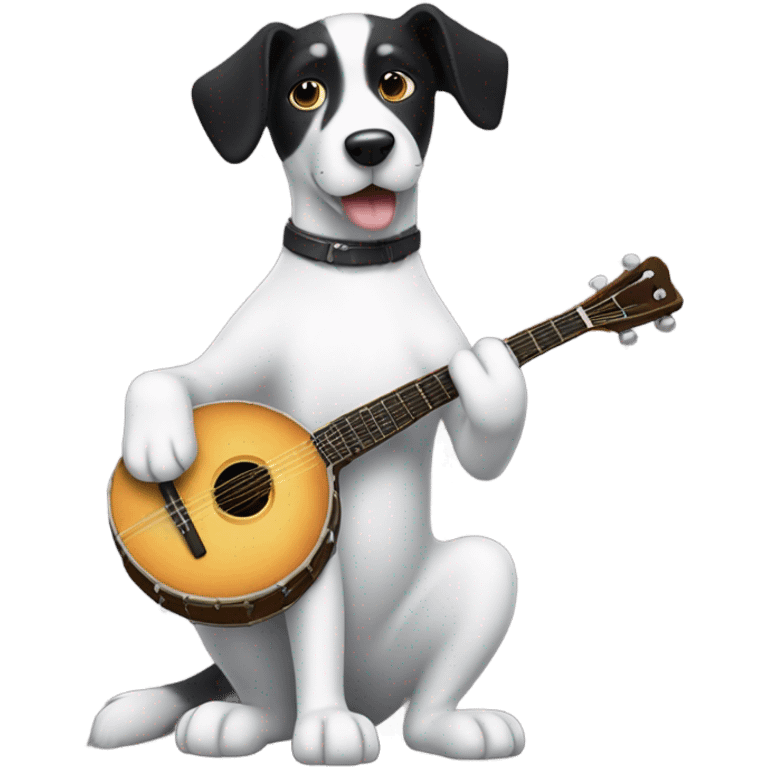 Black and white dog playing banjo emoji