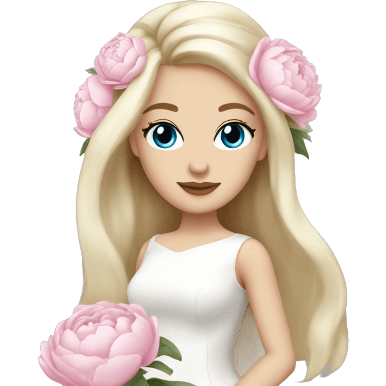 White bride with long light blonde hair and blue eyes with light pink peonies in hair white skin  emoji