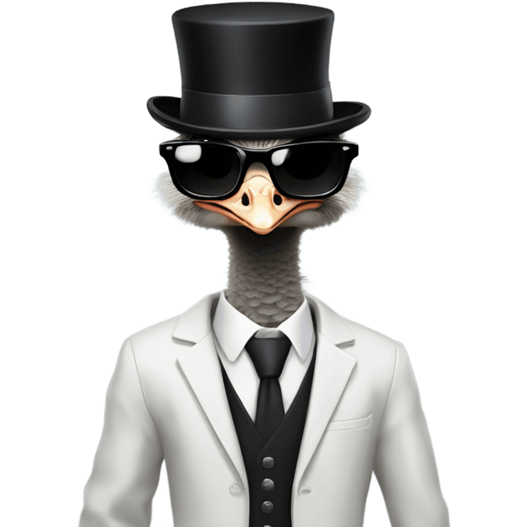 Ostrich wearing a black suit jacket, white undershirt, a black top hat, and black sunglasses emoji