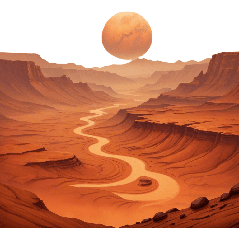 Cinematic Realistic Mars, portrayed with rugged, rust-colored landscapes, deep canyons, and swirling dust storms rendered with lifelike texture and an orange-hued glow that evokes the enigmatic allure of the Red Planet. emoji